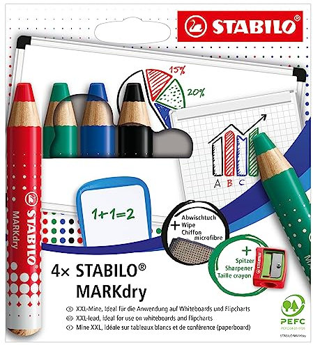 STABILO - Whiteboard- und Flipchartmarker - MARKdry - 4er Pack mit Spitzer und Abwischtuch
