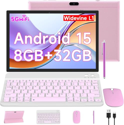 Tablette Android 15 10 2 en 1 avec clavier/souris/étui/stylet, 8 Go de RAM + 32 Go de ROM/1 To extensible, processeur quad-core 1,8 GHz, écran tactile HD 1280 x 800, appareil photo 8 MP, tablette