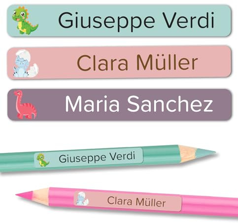 Namensaufkleber Kinder Schule für Schulsachen und Gegenstände (120 Stück) - Wasserfeste Namensschilder - Kita und Schule (Dinosaurier)
