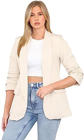 STAR FASHION Ladies Longline Duster Coat Blazer Frill Ruffle 3/4 Rouge Sleeve Womens Italian Blazer Stylish UK Size 8 to 22