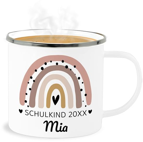 Emaille Becher Blechbecher - Einschulung Schulanfang Tasse - Regenbogen Schulkind 2026-300 ml - Weiß Silber - schulanfänger geschenke einschulung-schulkind 2024 tassen 2023 schulkinder name