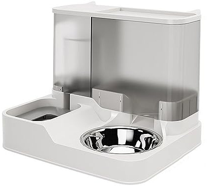 BURLOE Haustier Automatischer Wasserspender, 2 in 1 Groß Automatischer Trockenfutter Spender Wasserspender Für Hunde Katze 2.8L Futterautomaten+1L Tränken,Grau