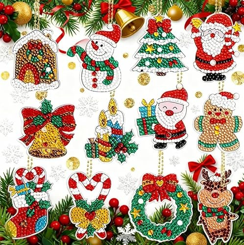 12Stk Diamond Painting Weihnachten Anhänger,5D DIY Diamant Malerei Schlüsselanhänger Weihnachten Strass Malerei Stickerei Kunst Ornamente für Kinder Erwachsene Machen Wei hnachten Schlüsselanhänger