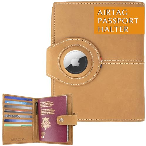 GARZINI AirTag Reisepasshülle, Passport Hülle mit RFID Blocker Karte, Reisepass Organizer aus Leder, Passport Cover mit ID-Fenster und Kartenhülle für 7 Karten, Reise Zubehör, Camel Brown | Reisepasshülle mit Mini Stift, Reisezubehör, Reisedokumententasche mit Ausweisfenster, Leder Reisepasshülle für 7 Karten