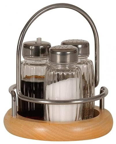 Salière et poivrière en verre et acier inoxydable 100 ml, 4 pièces, sur plateau en bois avec poignée, distributeur d'épices pour huile, vinaigre, sel et poivre