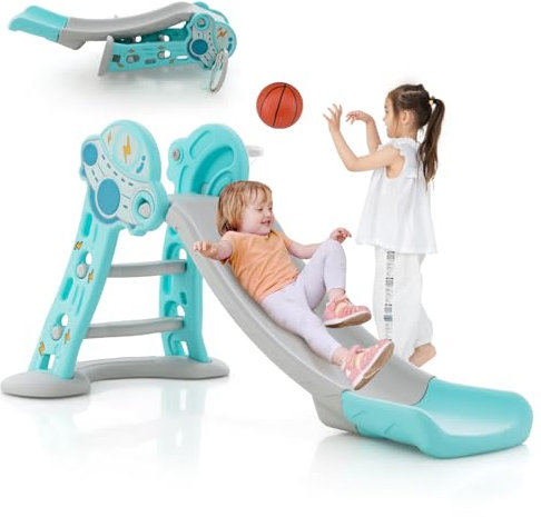 COSTWAY 3 en 1 Toboggan Enfant Pliant en HDPE avec Glisse 114cm & Motif UFO, Aire de Jeux Polyvalent Intérieur Extérieur avec Panier de Basket & Ballon, Charge 20kg pour Enfants de 18 Mois+