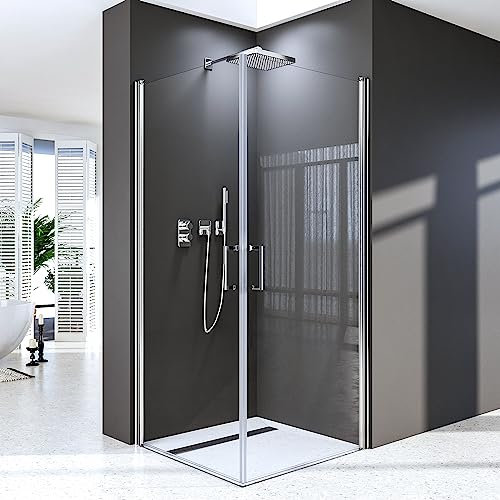 Duschkabine Eckeinstieg 90x90 cm Eckdusche mit Doppel Pendeltüren Duschabtrennung 90 x 90 cm aus Nano 6mm ESG-Sicherheitsglas,Leicht zu Reinigen,Höhe 195 cm