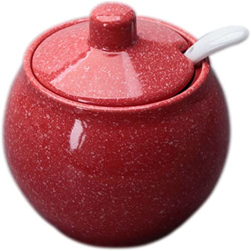 Tarro de condimentos Tarro de cerámica, azucarero de Color sólido con Tapa, Lindo Tarro de Almacenamiento, azucarero de Porcelana con Cuchara, salero pequeño, para cafetería, restaurante-rojo-10x7x10
