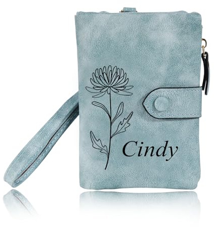 INBLUE Individuelle Leder Geldbörse für Frauen Geburt Blume mit Namen Damen Geldbörse Kleine Münze Geldbörse mit Handgelenk Strap Personalisiertes Geschenk für Muttertag Geburtstag - Grün