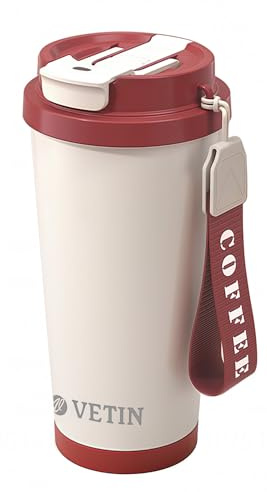 VETIN Kaffeebecher To Go, Edelsthal Thermobecher 530ml, BPA-freier Travel Mug mit Isolierung, Flip Straw Thermobecher mit Strohhalm, Auslaufsicherer Thermobecher für Kaffee & Tee (Rot)