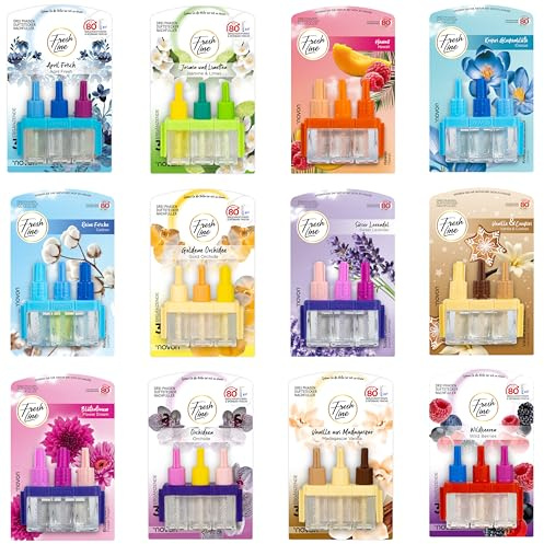 FRESH LINE® Duftstecker Nachfüller 12er Pack (3x7ml) – 3-Phasen-Wechsel – komp. zu 3VOLUTION – Lufterfrischer – 6 Düfte: Wildbeeren, Jasmin Limetten, Aprilfrisch, Goldene Orchidee, Vanille, Orchideen