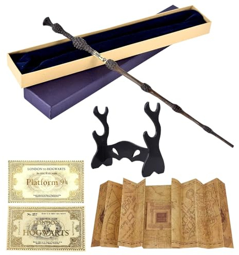 CJBIN Älderpinne H-arry P-Otter, 37 cm Dumbledore trollstav av harts och stålkärna, trollstav Dumbledore i presentförpackning med kort, stationbroderi, karta och hållare