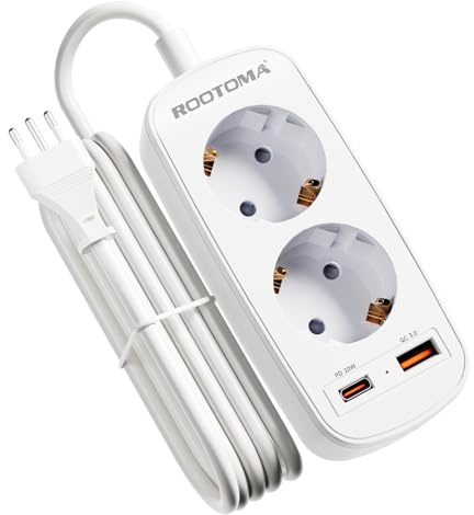 Adapter Italien Steckdose 2-Fach mit PD20W USB Schnellladung | 1,5M Typ L Reiseadapter für Italien, Chile, Uruguay, Äthiopien, Eritrea, Syrien