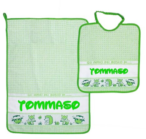 SET ASILO PERSONALIZZATO CON NOME composto da 2 pezzi: bavaglino spugna con elastico cm.28x33, asciugamano cm.40x55 con fascia Cotone 100% Made in Italy - CONSEGNA TEMPESTIVA (BOSCO VERDE MELA)