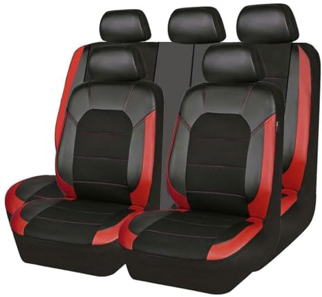 MaKeMoney Auto Sitzbezüge Sets FüR FIAT 500 (2007) 2007–2019, Leder Allwetter Atmungsaktiv Sitzbezüge rutschfest Schonbezug Set Auto Zubehör, E/Black Red