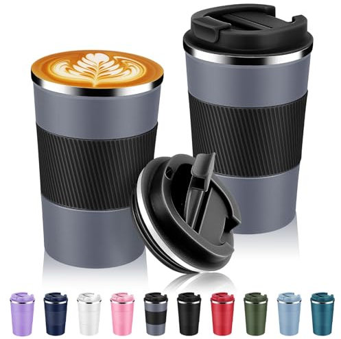 Volhoply 380ml 13oz Stainless Steel Insulated Travel Coffee Mug with Fip Lid Bulk 2 Pack,Reusable Double Wall Vacuum Metal Coffee Cup,Portable Leak Proof Tumbler for Hot & Cold Drinks(Gray,2)