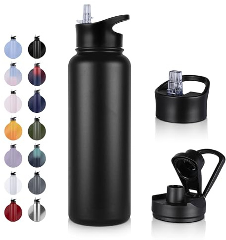 UMBFUN Edelstahl Trinkflasche - 1.2L - mit Strohhalm,Auslaufsicher,Kohlensäure Geeignet,BPA frei Thermosflasche(+2 Deckel) Vakuum Doppelwandisolierung für Sport,Reisen,Camping,Schule,Fahrrad,Gym