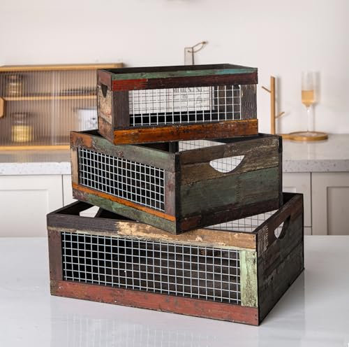 TIMRIS Set of 3 Rustic Wood Nesting Crates, Farmhouse Distressed Wooden Storage Boxes, Decorative Reclaimed Wood Organizer Baskets with Wire Mesh (Random)