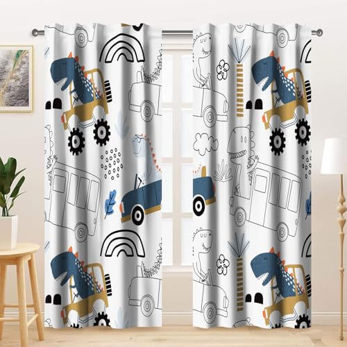 Kzzfqxb Tende 107x160cm 2 Pannelli, Dinosauri Felici Alla Guida di Auto Autobus e Decappottabili Tendaggi, Decor a Cartone Animato per Bambini Ragazzi Camera da Letto Asilo Nido Soggiorno