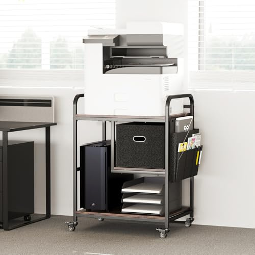 SIWUTIAO Large Mobile Printer Stand with Storage Drawer – Industrial Printer Cart with Lockable Wheels, Multi-Tier Table for Scanner, PC Tower, or Office Equipment (brown)