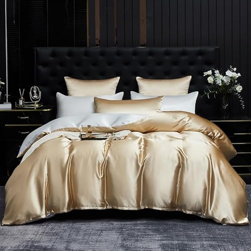 Gezu Housse de Couette Satin 220x240cm Doré Blanc Parure de Lit Satin Lisse Soyeux Brillant Doux Sets de Housse de Couette 2 Personnes Linge de Lit avec 2 Taies d'oreiller 65x65 avec Fermeture Éclair