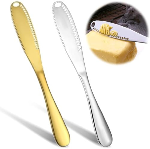 BRDTKUGV 2 Piece Butter Knife Set, Stainless Steel Butter Spreader with 3 in 1 Applicator for Cheese, Jam, and Butters, Serrated Kitchen Gadgets Available in Gold and Silver
