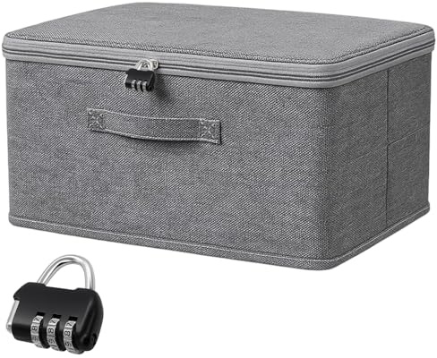 RJFUJP Storage Box With Lock, Secure Fabric Lock Box for Valuables, Medicine Lock Box With Combination Lock, Deep Gray Storage Box With Lid Bedding, Clothes, Toys, Medicines, 30 x 20 x 14 cm