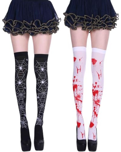 JEXOWIQ 2 Paare Blutige Strumpfhose Halloween Damen,Overknee Strümpfe mit Blutspritzern und Spinnennetze,Horror Leggings,Cosplay Socken Frauen,Sexy Accessoire,Karneval Kostüme Damen,Stulpen mit Blut