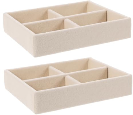 AKOOSY Bandeja Organizadora de Joyas Ahorrar Espacio en Compartimentos Múltiples y 2 Piezas Apilable Diseño de Tela Beige para Proteger Pendientes y Anillos