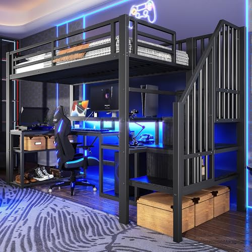 Kinderbett Hochbett 90x200 cm,Metallbett mit LED-Lichtleiste und USB-Anschluss,mit Treppe und Rausfallschutz,Treppenkonstruktionen mit Stauraum,Jugendbett,Spielbett,ohne Matratze (Schwarz, 90×200cm)