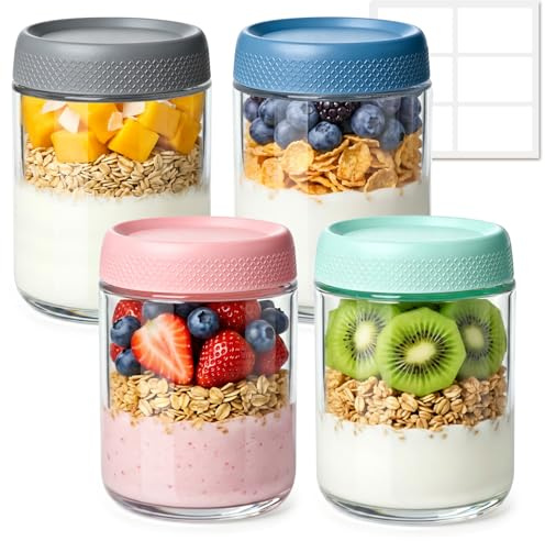 ComSaf Overnight Oats Gläser 500ml, Glasbehälter mit Deckel 4er Set | Einmachgläser 4er mit Schraubdeckel für Joghurt, Porridge, Müsli; auslaufsicher und spülmaschinenfest.