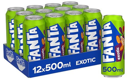 Fanta Exótic, Refresco con Sabor a Naranja, Melocotón y Fruta de la Pasión - Pack 12 Latas de 500 ml