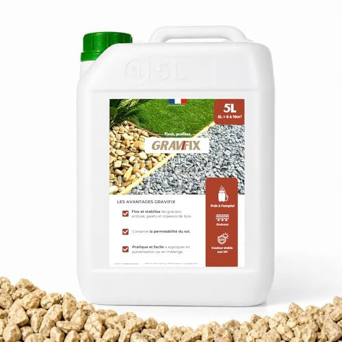 Gravifix, Liant Gravier extérieur 5L, Colle pour Cailloux extérieur et paillis, Jardins secs, Allées Bordures, Incolore, Sol perméable, Résistant UV, Jusqu à 10m2 (5L)