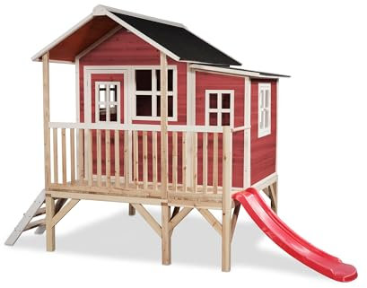 EXIT Toys Loft 350 Holzspielhaus für Draußen mit Rutsche - Gartenhaus aus Holz für Kinder mit wasserdichtem Dach - Einfache Montage - 100% FSC Zedernholz - 322x190x215cm - Rot