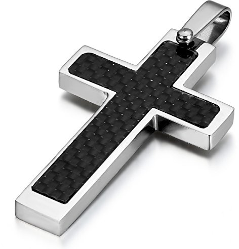 JewelryWe Gioielli Collana con Pendente Croce da Uomo Donna, Ciondolo, Classico, Fibra di Carbonio, Acciaio Inossidabile, Nero Argento, Catenina Lunga 54cm Disponibili (con Borsa Regalo)