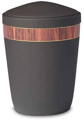 Stahlurne schwarz mit dunklem Holzoptikband | Die Ascheurne wurde aus hochwertigem Metall hergestellt und per Hand gefertigt. Wir haben viel Zeit und Hingabe in das Design der Urne gesteckt.