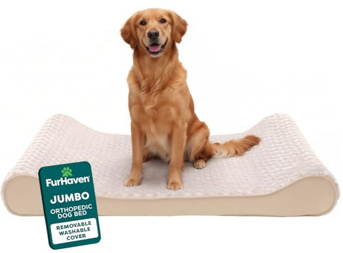 FurHaven Orthopedic Dog Bed for Large Dogs, Luxe Lounger Contour Mattress with Solid Orthopedic Foam Slab for Joint Support, Removable Washable Cover, Jumbo XL, Plush Suede, Cream