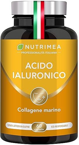 Acido Ialuronico | con Collagene Marino | Ricco di Vitamina A e C | Antirughe e Anti-age | Idrata e Illumina la Pelle | Supporta le Articolazioni | 60 Capsule