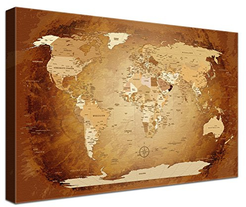 LanaKK – Weltkarte Luxus Ausführung – „Worldmap Braun Colorful” - deutsch - Kunstdruck-Pinnwand auf 4cm Echtholz-Keilrahmen – Globus in braun, einteilig & fertig gerahmt in 120x80cm