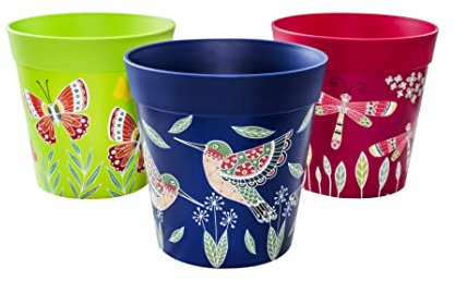 Hum Flowerpots, 15cm, 3er-Set, in Verschiedenen Farben und Mustern, Blumentöpfe aus Kunststoff für Drinnen und Draußen, Blau Rosa Grün