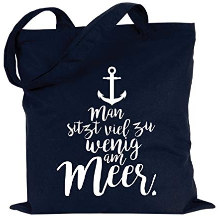 JUNIWORDS Jutebeutel - Wähle eine Farbe - Man sitzt viel zu wenig am Meer (Beutel: Marine Blau, Text: Weiß)