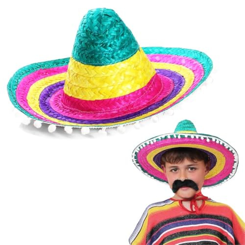 Förpackning med 3 barn flerfärgade mexikanska sombrero-hattar – traditionella regnbågssugrör sombreros med pom pom trim – barns mexikansk festival, western bandit & fiesta fest tjusigt