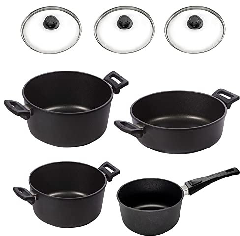 Eurolux Guss Kochtopf-Set Induktion beschichtet 7-tlg. - kleine Gusstöpfe inkl. Soßentopf 18 cm (Griff abnehmbar) zum Kochen & Braten mit Deckel 20/24/24 cm (Edelstahlrand) - Made in Germany