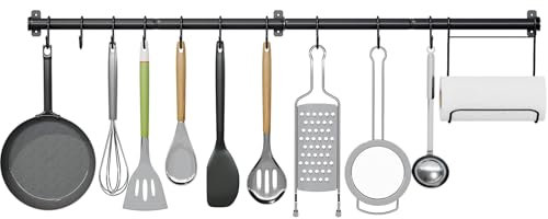 KINGRACK Kitchen Rail Pan Hanger, Utensil Hanging Bar Rack, Bathroom Towel Bar, Wall Mounted Hanger, Organizer for Hanging Knives, Pot and Pan, Bags on Living Room with 10 S Hooks, 110CM x 1