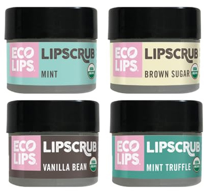 Eco Lips LIP SUGAR SCRUB 4 Pack (4-0.25oz jars) 100% Organic Lip Care Treatment with Organic Sugar & Coconut Oil - Gently Exfoliate & Polish Dry, Flaky Lips (Variety 4-Pack)