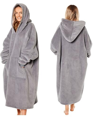 Sienna Extra Long Oversized Blanket Hoodie Wearable Throw with Pockets Sleeves Soft Sherpa Fleece Wearable Throw Giant Sweatshirt, Charcoal Grey