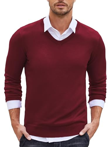 COOFANDY Suéter con Cuello en V para Hombre, Camisa de Punto de Manga Larga Slim Fit, suéter básico, Jersey, Tops de otoño, Rojo Vino, XXL