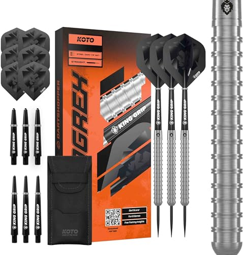 KOTO - Kingrex, 90% Tungsten, 23G, Dartpfeile Profi Set, Silber, Ringgriff | 23G Steeldart Pfeile, Inkl. 3 Barrels, 6 Dart Flight & 6 Shaft, Inkl. Dart Wallet, 54mm, 6, 5mm