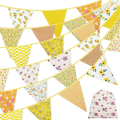 Lollanda 40 Feet Fabric Bunting Banner, 42pcs Outdoor Bunting Banner, Floral Vintage Triangle Flag for Home Garden Birthday Party Wedding Party Decoration (Yellow)