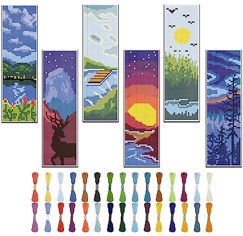 FREEBLOSS 6 Set Kreuzstich Lesezeichen Stickerei Set Kreuzstich Set Lesezeichen Landschaftsmotiv Embroidery Cross Stitch Set mit Anleitung für Anfänger Erwachsene 6x20cm